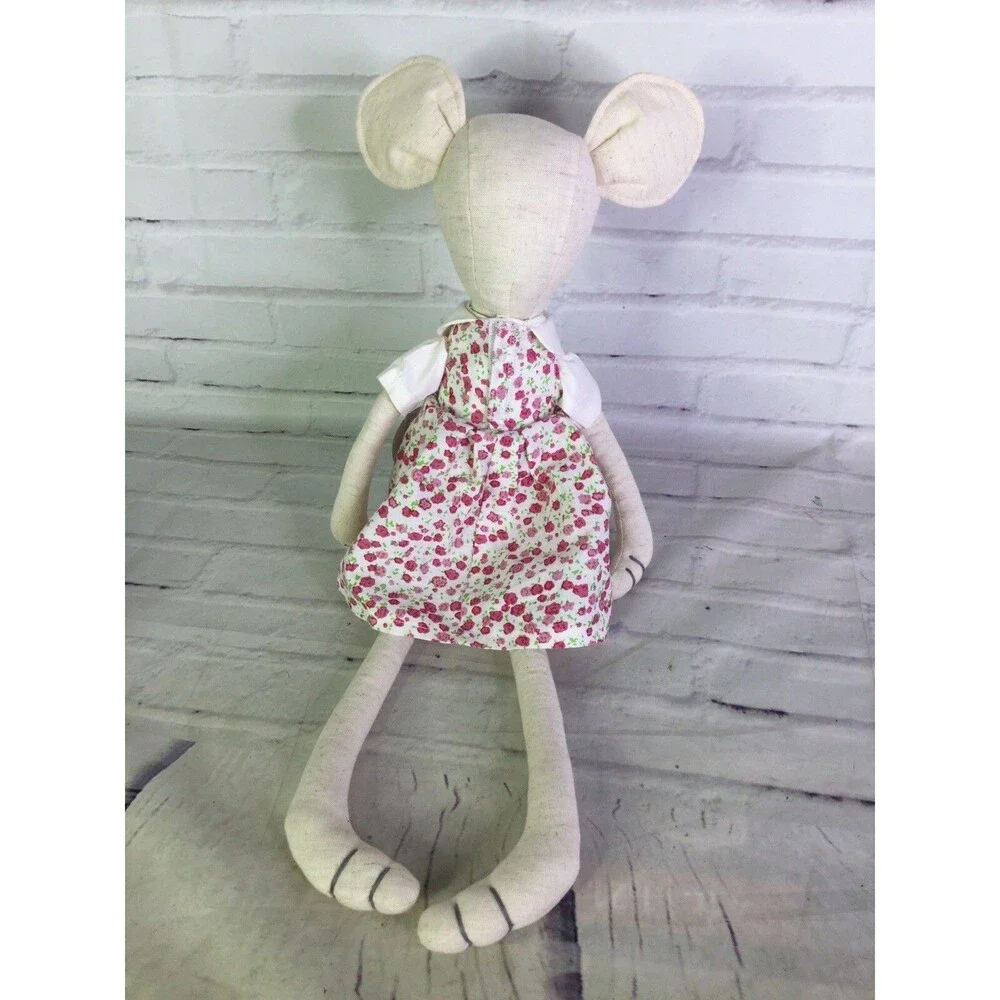 Mud Pie Whimsical Mouse Girl Plush Stuffed Animal Doll With Pink Floral Dress